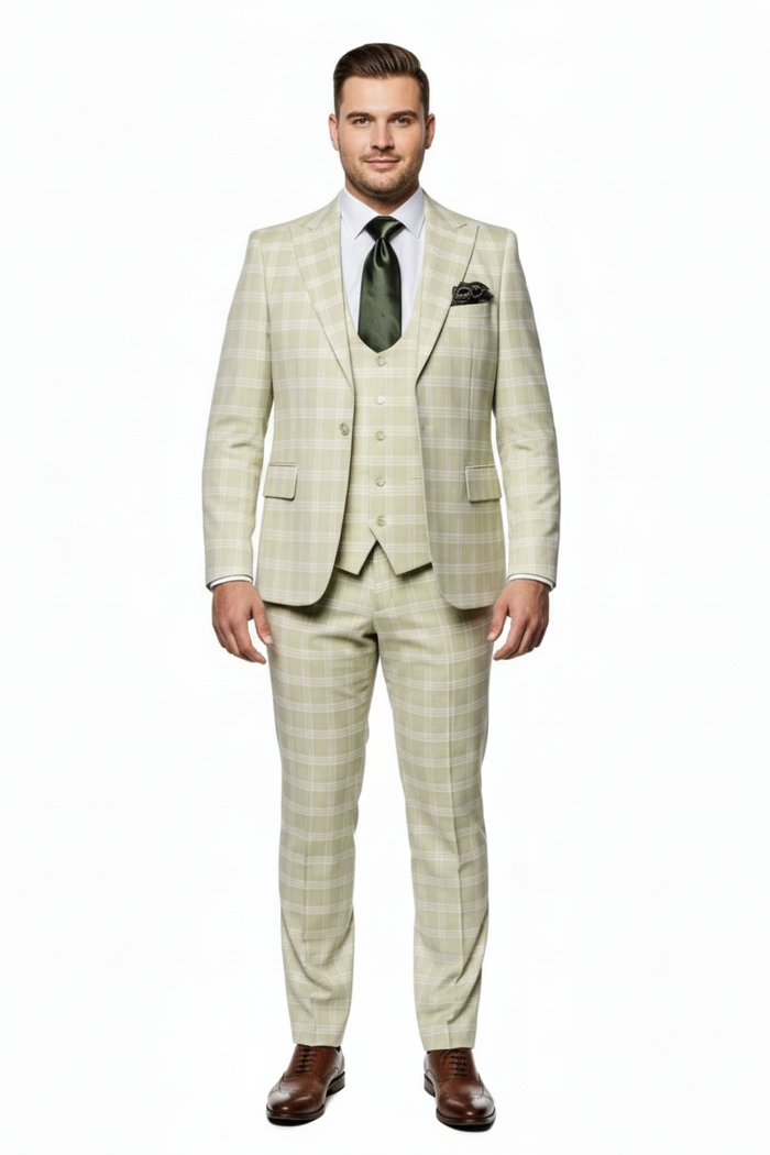Men’s Light Beige Check 3-Piece Suit Set – Premium Tailored Fit Formal Wedding and Spring Event Suit Light Tan Sand Color By Rossiman
