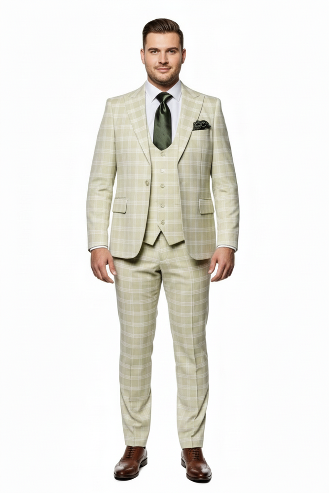 Men’s Light Beige Check 3-Piece Suit Set – Premium Tailored Fit Formal Wedding and Spring Event Suit Light Tan Sand Color By Rossiman