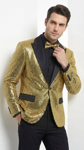Mens Gold Sequin Blazer with Black Satin Lapel – Gold Formal Party Blazer Jacket for Prom, Wedding and Stage Events