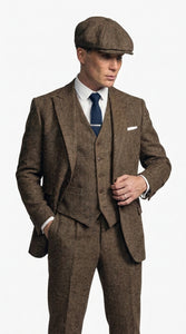 Men's Thomas Shelby Brown Tweed Herringbone 3-Piece Suit – Peaky Blinders 1920s Vintage-Style Suit with Matching Vest & Trousers