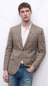 Men’s Tan Beige Peaky Blinders Glen Plaid Blazer English Style Textured Wool Winter Sport Coat Checkered Windowpane