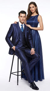 Men's Shiny Navy Blue Sateen 3-Piece Suit – Elegant Wedding, Prom Dress Suit with Matching Vest and Pants Slim Fitted