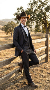 Charcoal Gray Western Tuxedo for Men | Classic Three Piece Formal Wedding and Evening Cowboy Tuxedo Suit With Trim Peak Lapel