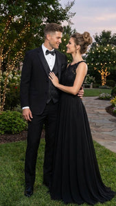 Men's Black Vested Tuxedo Suit with Patterned Lapel – Classic Formal Suit for Wedding, Party and Evening Events