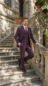 Men’s Plum Eggplant Pinstripe 3 Piece Suit – Burgundy Purple Formal Suit  Gangster 1920s Mafia Pimp Suit