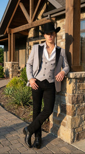 Men’s Light Gray Cowboy Tuxedo with Black Satin Lapel – Western Formal Suit with Double Breasted Vest