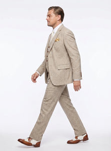 Men’s Light Tan Tweed Great Gatsby 3 Piece Suit – Vintage Vested Wedding Suit, 1920s Classic Formal Outfit Herringbone
