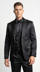 Men’s All Shiny Black Satin Suit – Black Satin Tuxedo Suit for Prom, Wedding, Formal Party and Evening Events Double breasted Vest