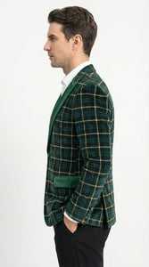 Mens Tartan Green and Gold Check Blazer – Windowpane Plaid Sport Coat Velvet Lapel Plaid Christmas Holiday New Year Jacket