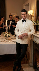 Men’s Ivory Wool Dinner Jacket – Classic Double Breasted Formal Tuxedo Jacket for Wedding and Black Tie Events