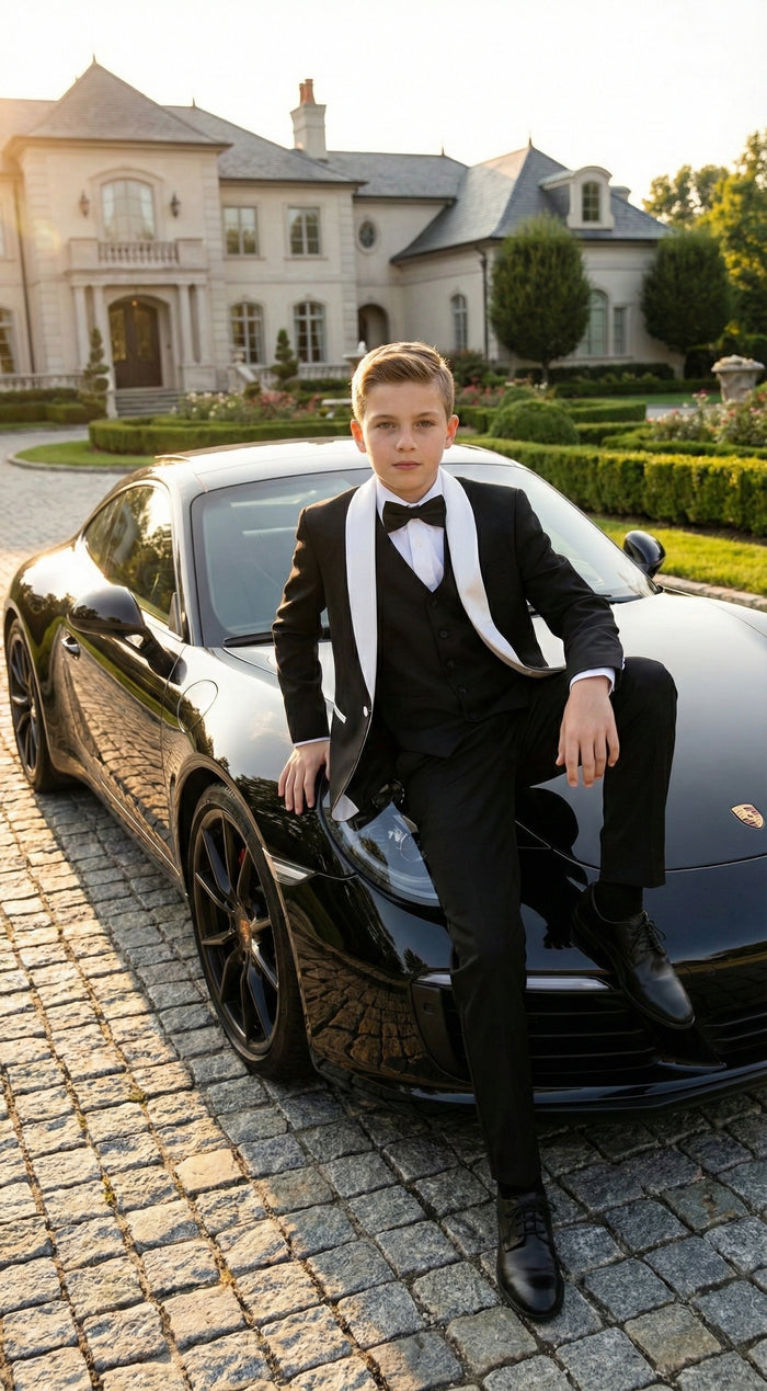 Boys Black Tuxedo Suit with White Shawl Lapel and Bow Tie | Formal Wedding & Prom Outfit Set