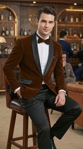 Men’s Brown Camel Bronze Velvet Tuxedo Jacket, Shawl Lapel Wedding Prom Dinner Blazer - Blazer Sportcoat