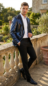 Men’s Navy Sequin Blazer – Navy Blue Sparkle Sequin Formal Blazer with Satin Lapel for Prom, Party and Evening Events