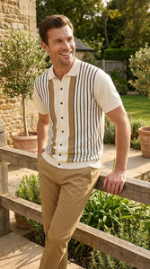 Mens Cream and Tan Striped Walking Suit Set – Casual Summer Short Sleeve Shirt and Pants Outfit for Vacation, Travel and Everyday Wear