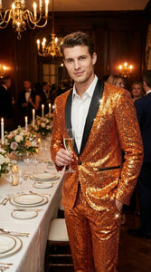 Mens Orange Sequin Tuxedo Suit – Shiny Wedding Suit Set with Black Lapel for Prom, Party, Gala and Formal Evening Wear - Goldish Orange