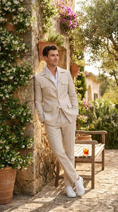 Mens Tan Beige Safari Military Walking Suit Set – Casual Two Piece Outfit Lightweight Summer Blazer and Pants Set Classic Casual Wear