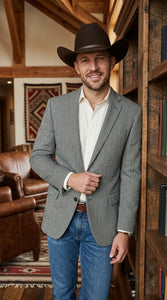 Men’s Light Grey & Black Herringbone Western Blazer – Cowboy Sport Coat Jacket