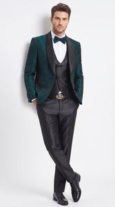 Tazzio Men’s Hunter Green & Black Paisley Tuxedo – Skinny Fit Shawl Collar 3-Piece Prom and Wedding Suit