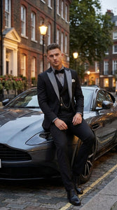 Men’s Black And White Lapel 3 Piece Tuxedo Suit with Silver Gray Satin Lapel | Formal Wedding Prom Suit Set