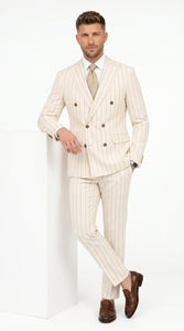 Men’s Cream Off White Pinstripe Linen Pinstripe 2 Piece Double Breasted Suit, Summer Wedding Ivory Color By Vitali