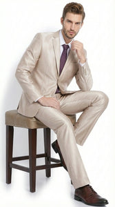Men’s Champagne Tan Sharkskin 2 Button Suit – Shiny Formal Suit with Optional Vest for Wedding, Prom, Business Beige Color