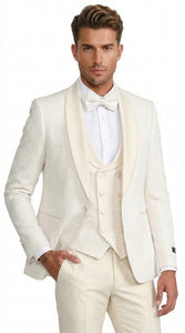 Men’s Ivory Paisley Tuxedo Suit 3 Piece – One Button Vested Satin Formal Suit for Wedding in Off white Cream Color