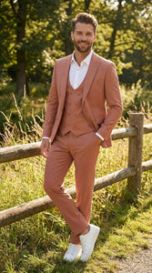 Men’s Peach Light Brown 3 Piece Suit – Wedding & Prom Formal Suit Set, Blazer Pants Double breasted vest