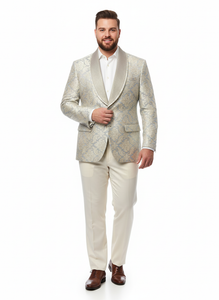 Men’s Champaign Silver and Cream Embroidered Luxury Blazer – Floral Pattern Wedding & Party Dinner Jacket in Light Tan Color