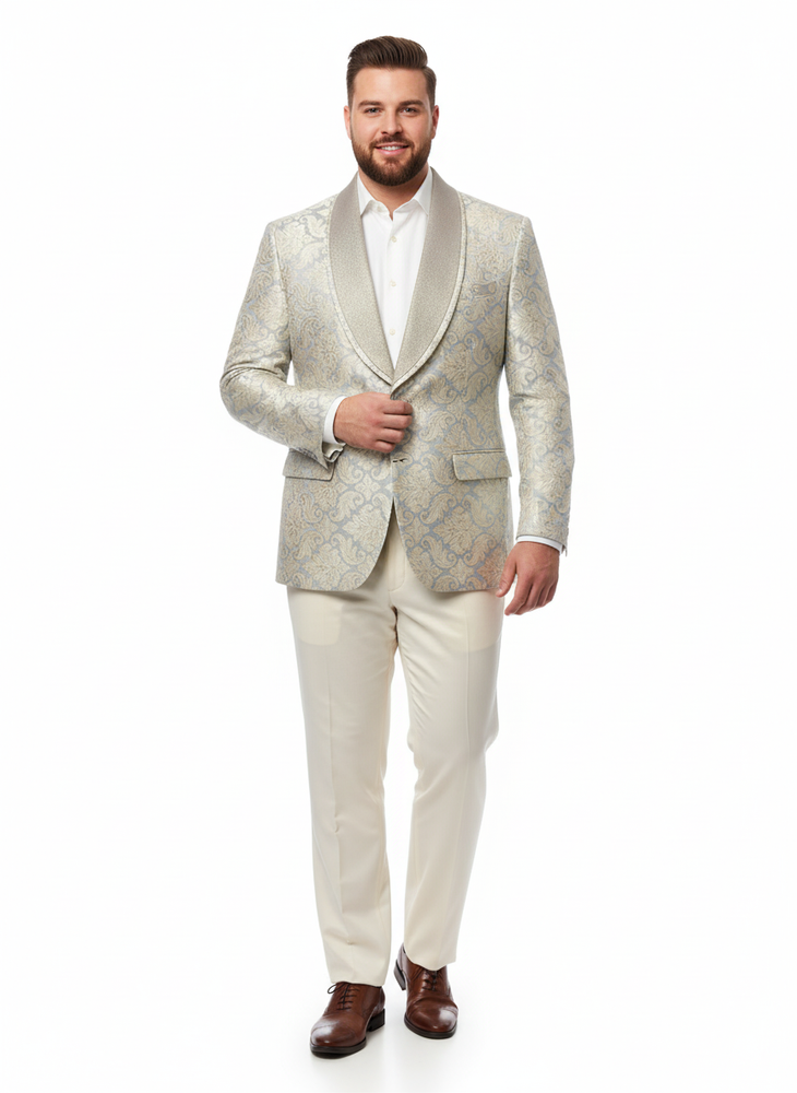 Men’s Champaign Silver and Cream Embroidered Luxury Blazer – Floral Pattern Wedding & Party Dinner Jacket in Light Tan Color