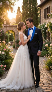 Men’s Black Tuxedo with Royal Blue Shawl Lapel | Modern Formal Dinner Jacket Suit + Pants for Weddings, Proms