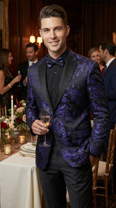 Mens Royal Blue Paisley Jacquard Blazer – Luxury Pattern Tuxedo Dinner Jacket with Black Satin Lapel for Wedding, Prom With Bowtie