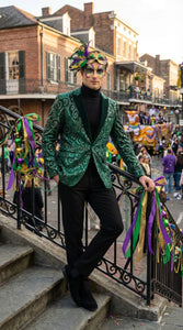 Mens Emerald Green Mardi Gras Blazer with Black Satin Lapel – Paisley Swirl Pattern Formal Party Jacket