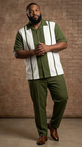 Men’s Olive Green and White Walking Suit – 2-Piece Short Sleeve Casual Leisure Outfit