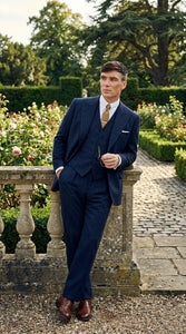 Men’s Navy Blue Pinstripe 3 Piece Suit, Thomas Shelby Inspired Vintage Formal Suit for Weddings, Parties, Prom, and Special Events
