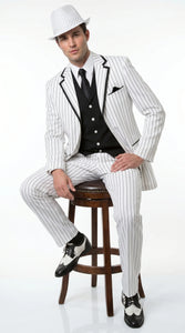 Men’s White Pinstripe 1920s Gangster 3 Piece Suit, Black Contrast Formal Costume Suit for Parties, Prom, Weddings, and Theme Events