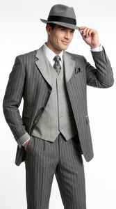 Men’s Grey Pinstripe 1920s Gangster 3 Piece Suit, Contrast Lapel Vintage Formal Suit for Parties, Prom, Weddings, and Theme Events