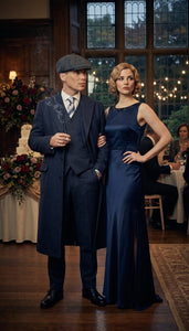Men’s Navy Blue Herringbone Tweed  1920s 3 Piece Suit with Overcoat – Vintage Peaky Blinder Style Formal Suit Set with Blazer, Waistcoat + Overcoat + Hat