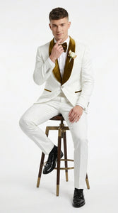 Men’s White Paisley 3 Piece With Vest Prom Tuxedo with Gold Velvet Shawl Lapel, Formal Wedding Suit Set