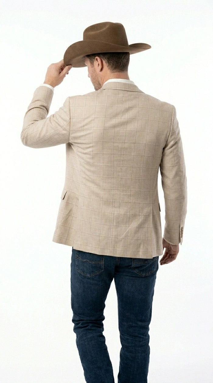 Men’s Cream Tan Beige Windowpane Plaid Western Blazer, Formal Cowboy Wedding Prom Sport Coat Jacket