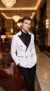 Men's White Double Breasted Tuxedo Dinner Jacket with Black Satin Peak Lapel – Formal Wedding Prom Blazer