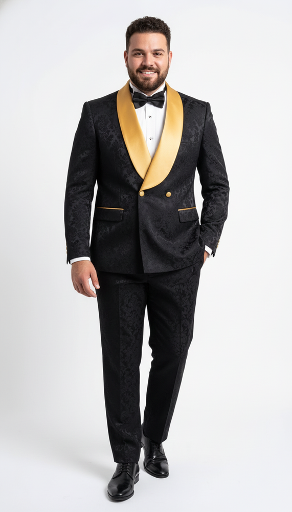 Men’s Black and Gold Jacquard Tuxedo Suit – Luxury Slim Fit Formal Wedding, Prom, and Gala Outfit