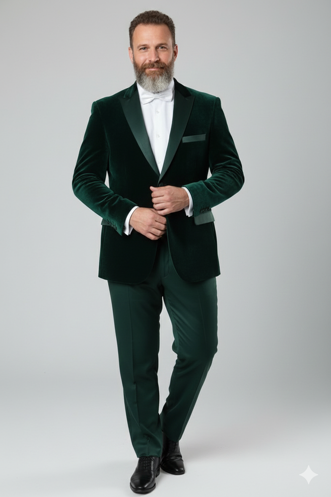 Men’s Dark Green Velvet Tuxedo Dinner Jacket – Slim Fit Formal Blazer with Satin Peak Lapel Lape