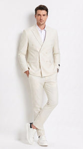 Men’s Ivory Cream Double-Breasted Linen Suit – Off-White Summer Wedding Slim Fitted 2-Piece Suit Cream Color