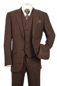 Men’s Brown Pinstripe 3-Piece Suit – Classic Fit Business Suit with Vest & Notch Lapel Blazer
