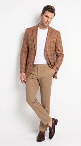 Vitali Men’s Rust Copper Brown Plaid Blazer with Tan Pants – Classic Windowpane, Business and Smart-Casual Birck color  Suit