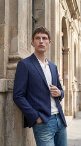 Men’s Navy Blue Plaid Wool Blazer – English Style Textured Wool Winter Sport Coat Windowpane pattern