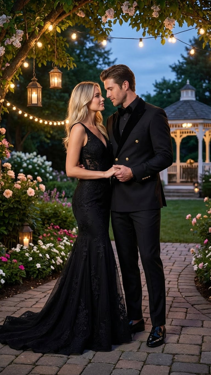 Men’s Black Double Breasted Tuxedo Suit – Luxury Formal Dinner Jacket Gold Buttons Velvet Lapel