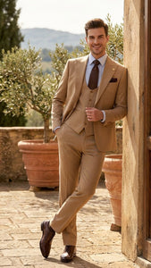 Men's Tan Three-Piece Suit with Vest – Classic Tailored Fit  in camel khaki Bronze color By Rossiman