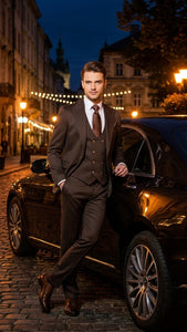 Men’s Chocolate Brown Textured 3-Piece Suit – Luxury Double-Breasted Vest Formal Set