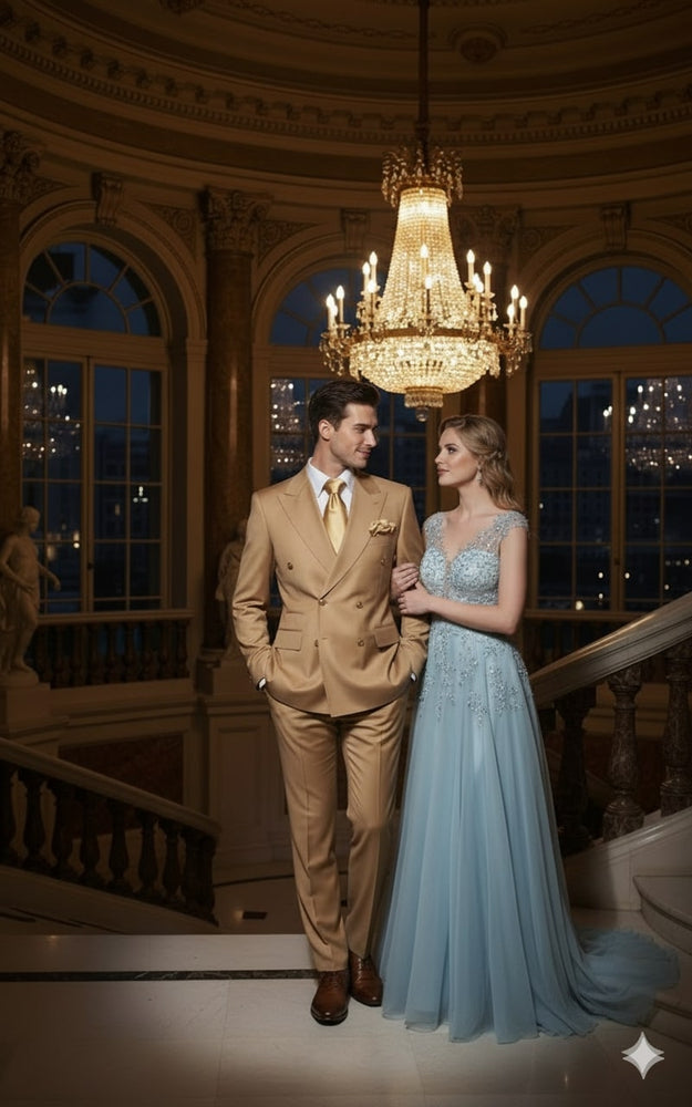 Mens Camel - Bronze - Goldish khaki Double-Breasted Suit – Luxury 2-Piece Formal Set with Gold Buttons and Peak Lapels by Rossi Man